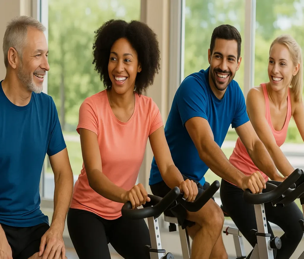 happy diverse adults cycling indoors at a bright USA gym, health and fitness wellness programs hero