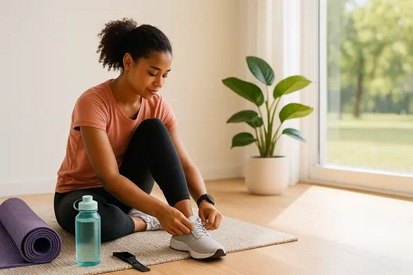 Checking a wellness app at home — health and fitness picks.