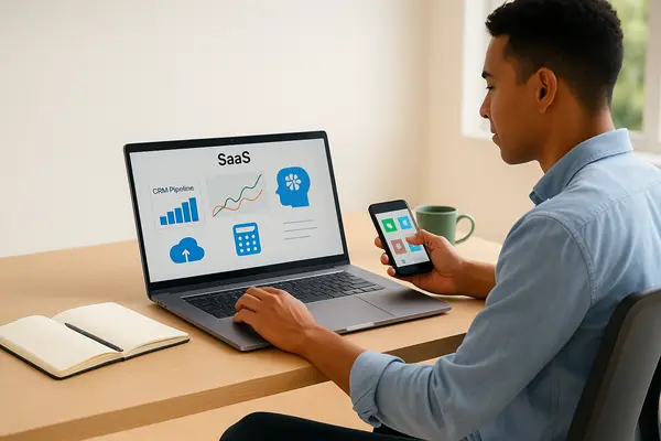 Laptop and phone with a SaaS dashboard — best SaaS tools.
