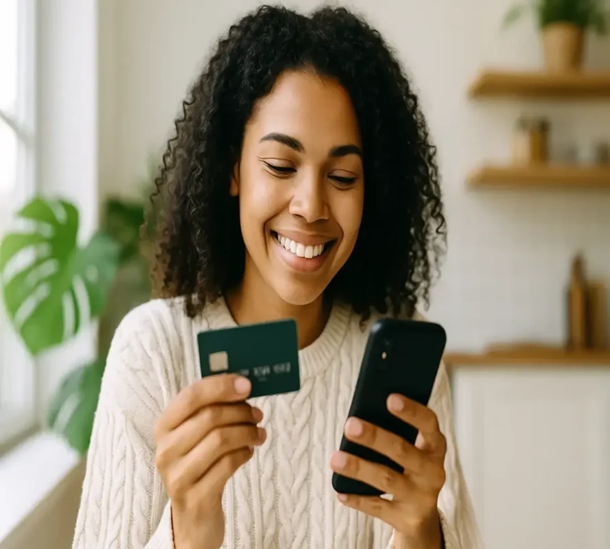Young woman smiling while using a credit card and smartphone for digital payment in the USA