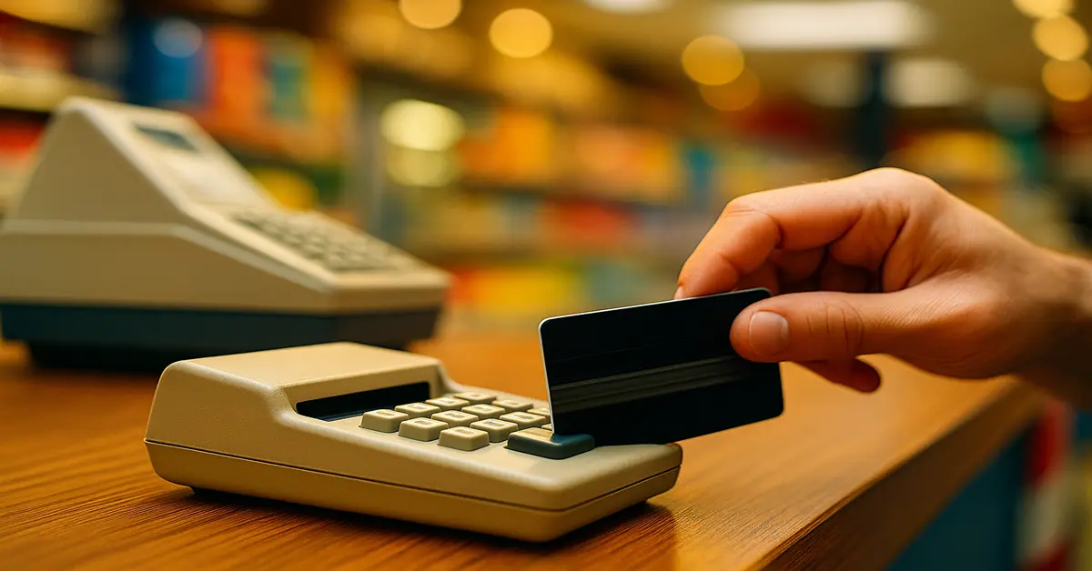 1970s magnetic stripe credit card being swiped on a countertop POS terminal