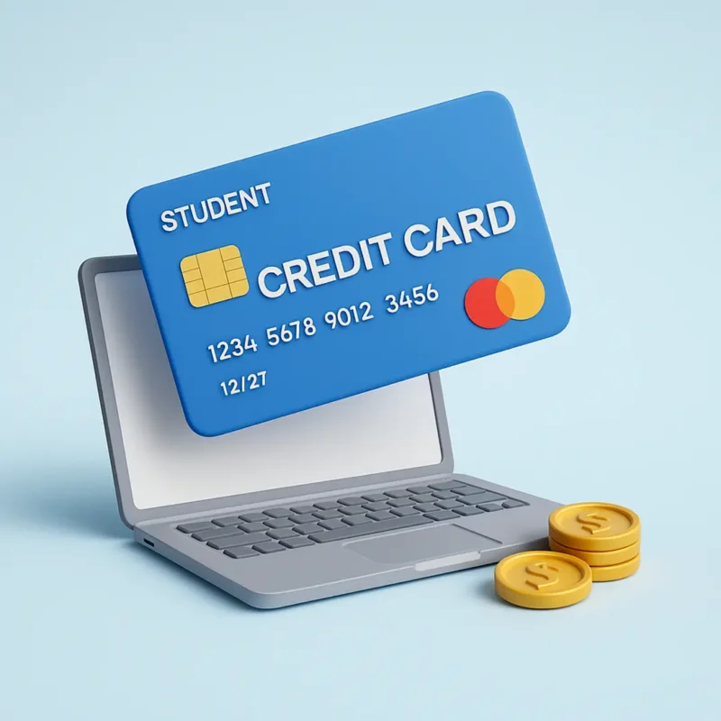 best credit cards for students USA natural 3D image showing laptop, coins, and student credit card