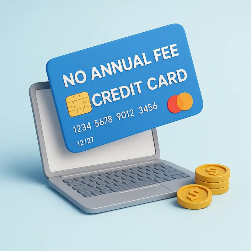 Best no annual fee credit card USA 3D image with laptop and gold coins