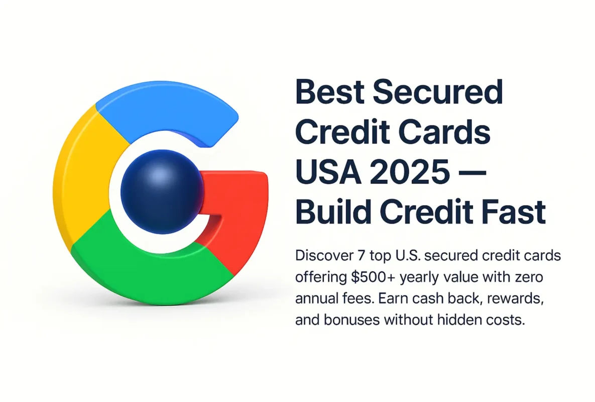 Best secured credit cards USA 2025 build credit fast — 3D bright image with secured card and Google color design
