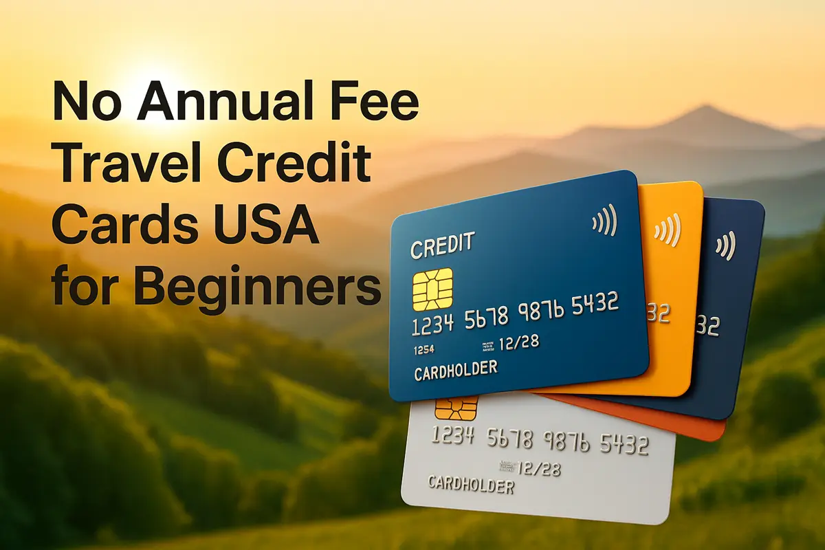 no annual fee travel credit cards USA beginners 3D banner showing colorful credit cards in natural sunset view