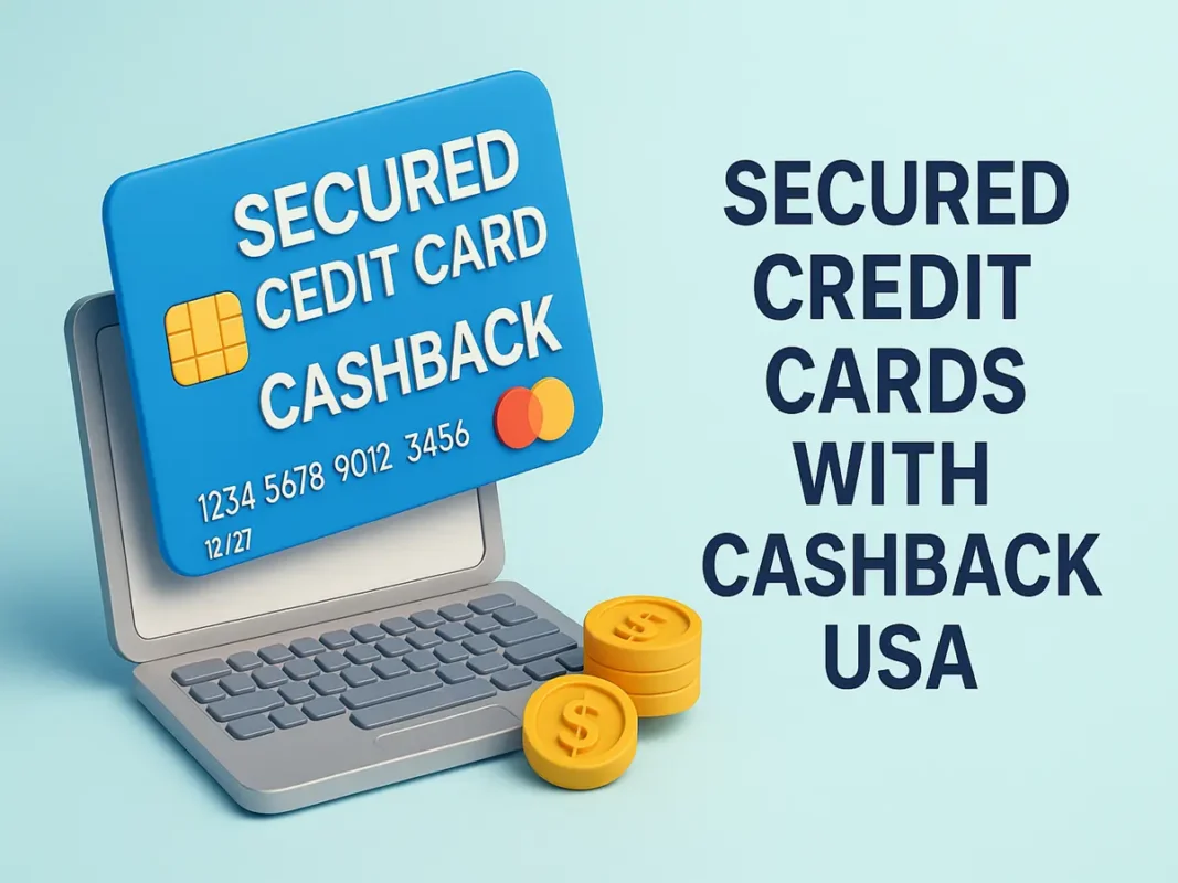 secured credit cards with cashback USA 3D image showing blue card and coins