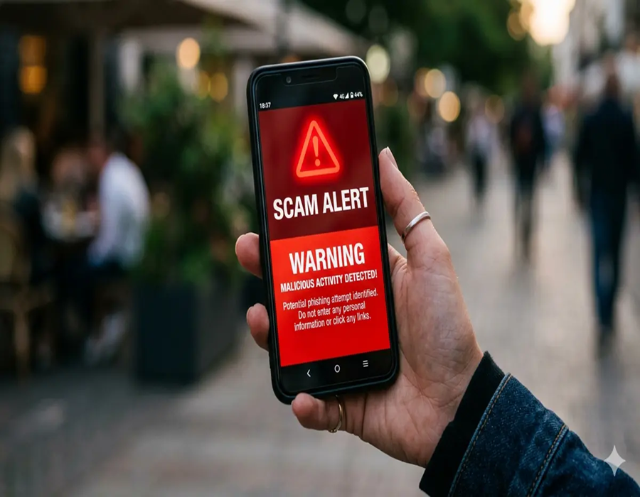 Identity theft protection USA showing mobile scam alert and credit monitoring warning for fraud detection