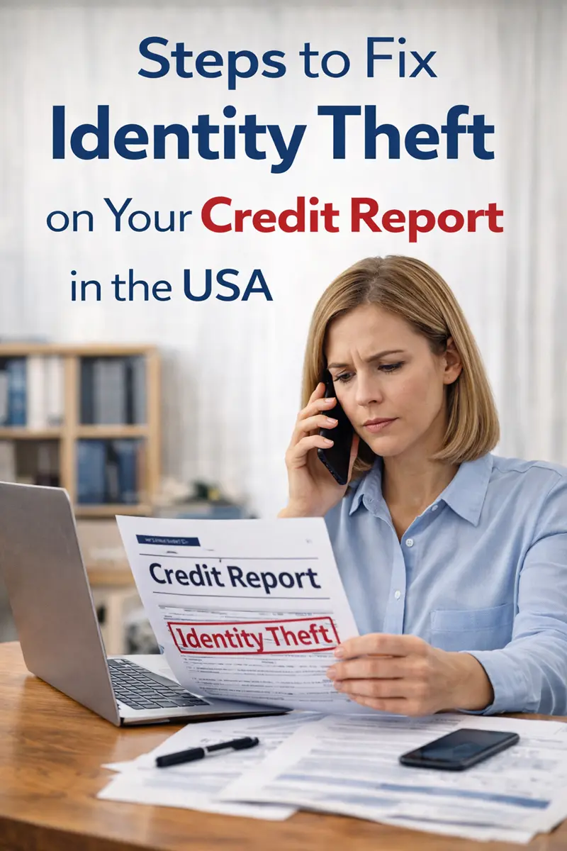 fix identity theft on your credit report USA showing fraud alert and credit monitoring dashboard