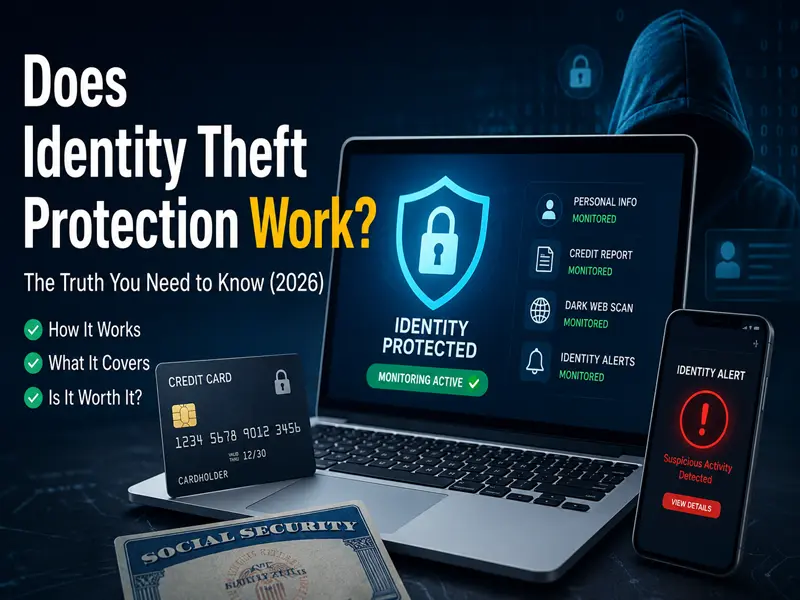 Does Identity Theft Protection Work? Identity protection dashboard showing credit monitoring, fraud alerts, and dark web monitoring.